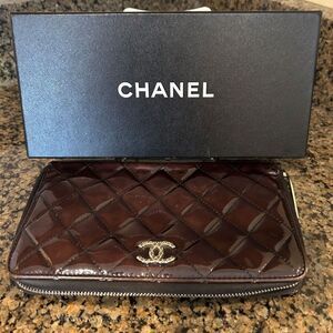 Chanel Deep Burgundy Quilted Patent Leather CC Zip Around Wallet Organizer